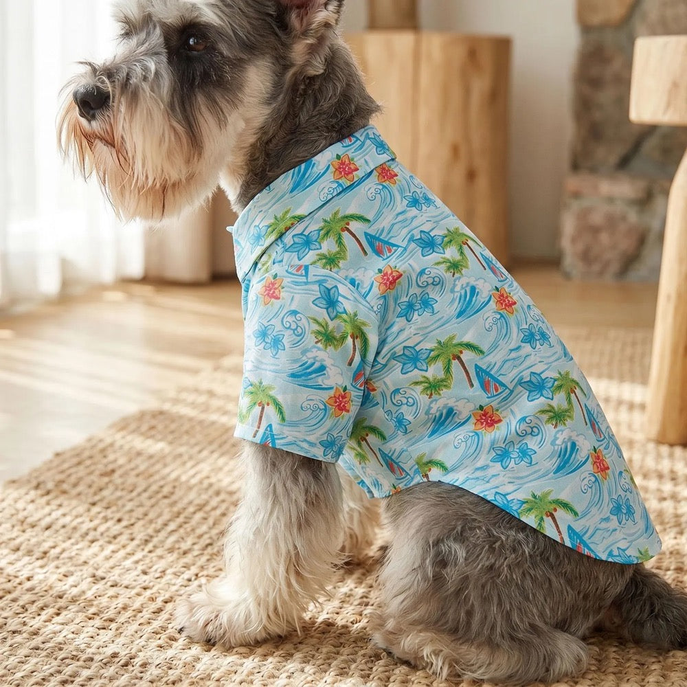 Tropical Beach Dog Shirt, Blue Summer Pet Outfit, Palm Tree Hawaiian Shirt, Cute Cat Dog Clothes Vacation Style Pet Apparel