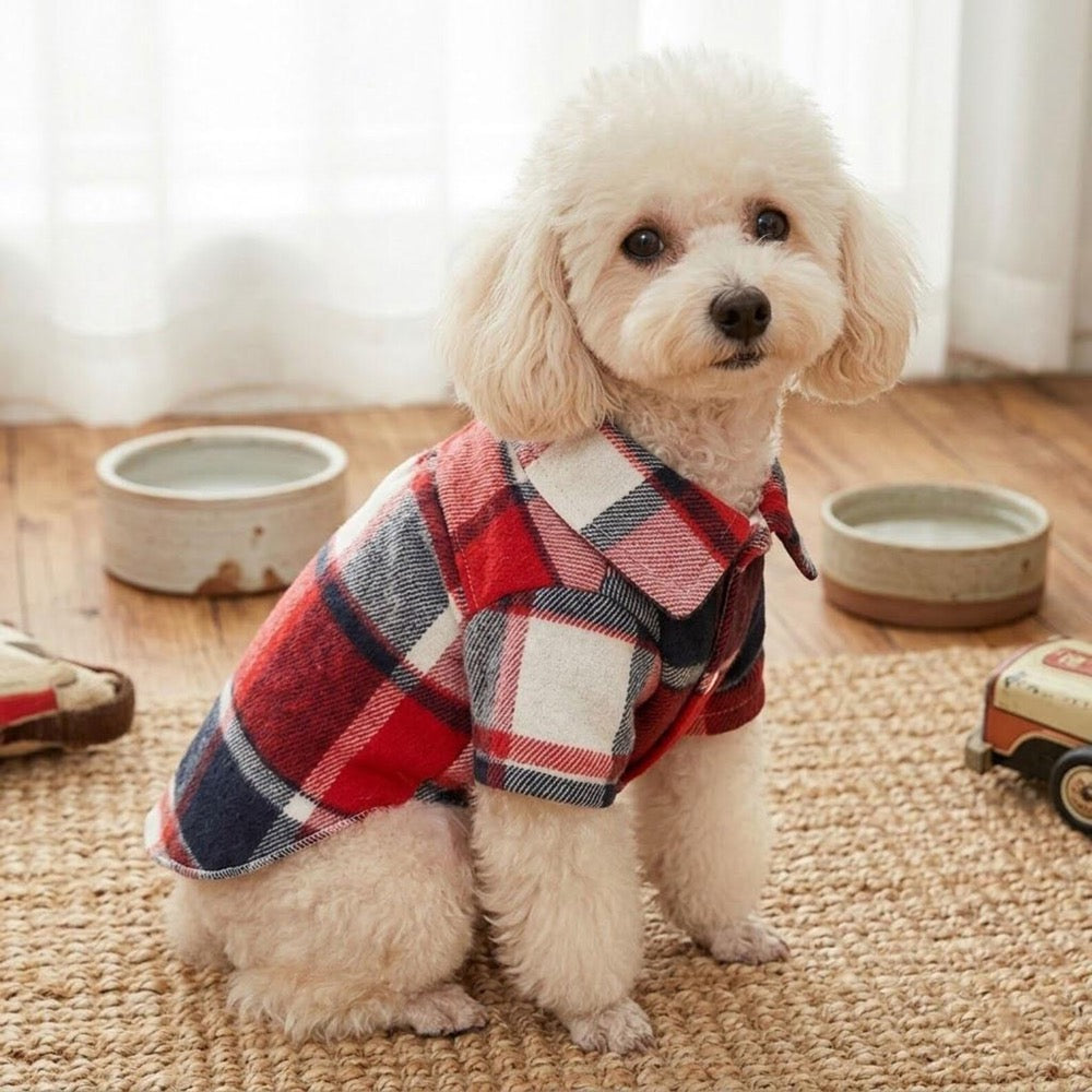 Plaid Pet Shirt, Red Check Dog And Cat Outfit, Casual Button Shirt for All Seasons, Checkered Mixed Color Pet Shirt