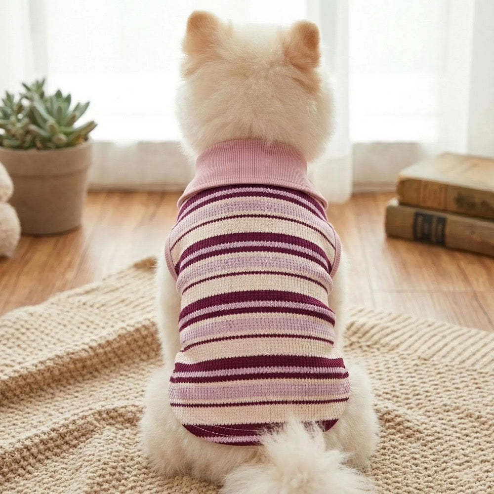 Striped Pet Polo Shirt, Rib Knit Casual Pet Clothes, Pet Cat/Dog Universal Pink Elastic Striped Casual Comfortable Pet Polo Shirt
