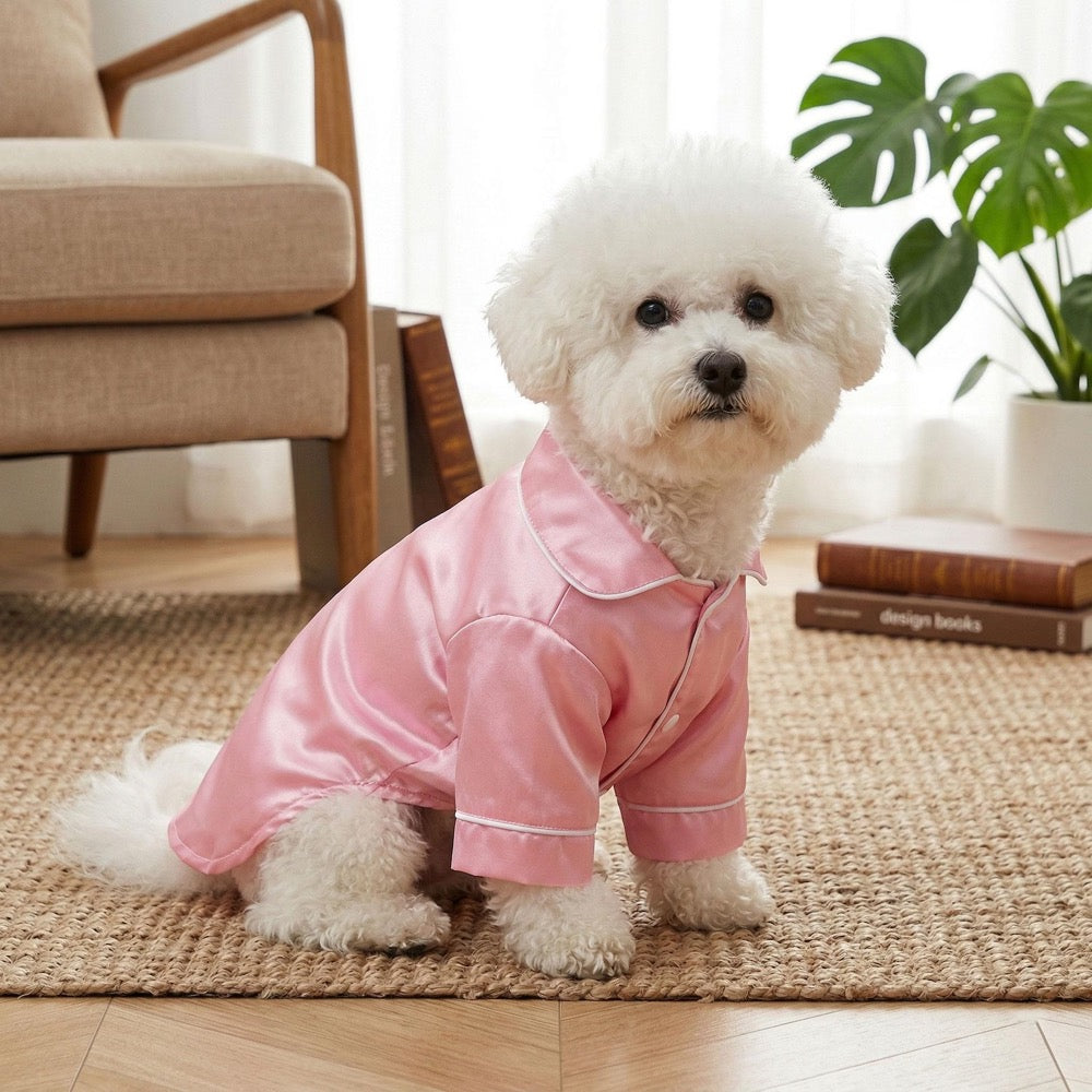Pink Pet Pajamas Shirt, Cute Dog & Cat Outfit with Button Front and Contrast Piping, Adorable Pet Clothes
