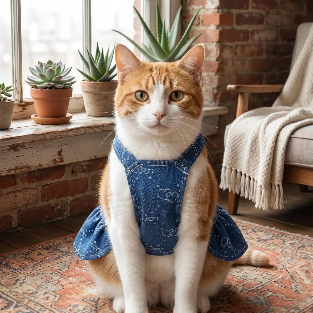Denim Pet Dress Ruffle Hem Button Outfit, Cute Cat & Dog Dress Navy Blue, Stylish Pet Clothing for Small Pets