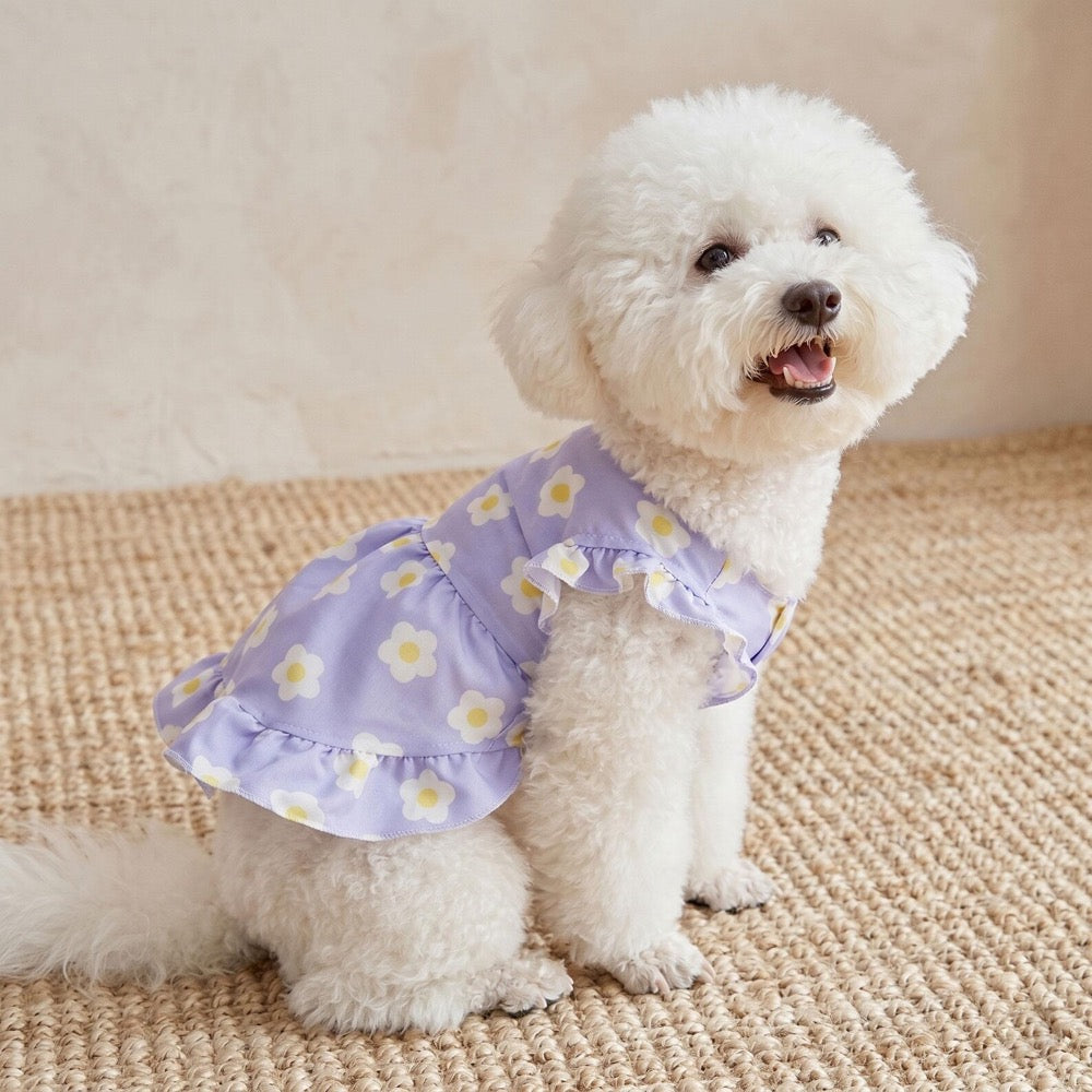 Purple Floral Dog Dress for Small Pets, Cute Ruffle Pet Dress Summer Outfit, Floral Print Pet Dress With Ruffle Sleeves And Button Front