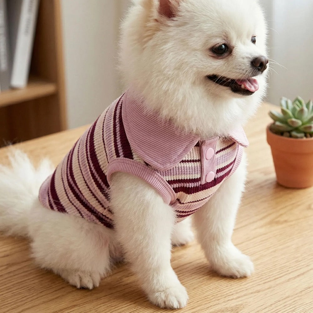 Striped Pet Polo Shirt, Rib Knit Casual Pet Clothes, Pet Cat/Dog Universal Pink Elastic Striped Casual Comfortable Pet Polo Shirt