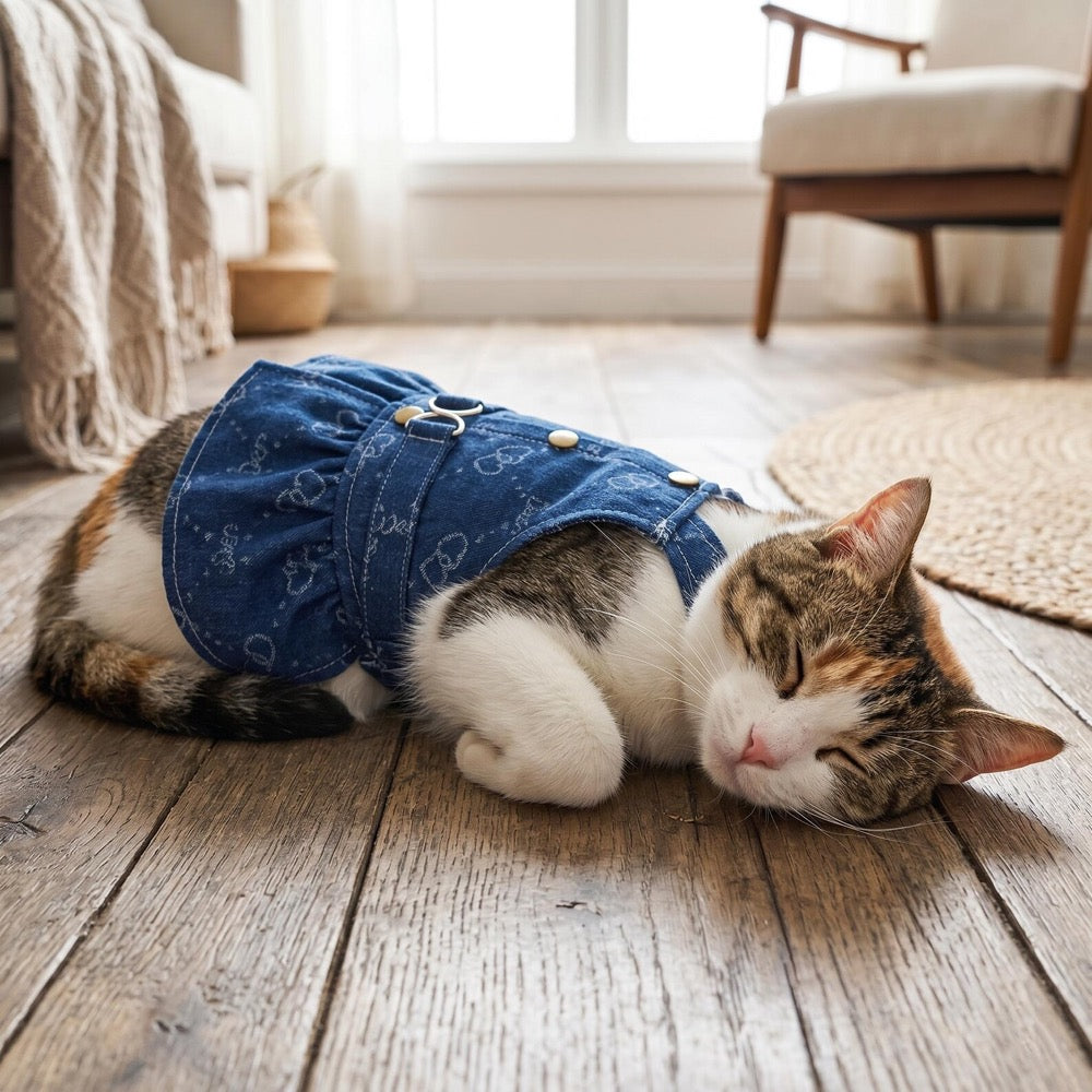 Denim Pet Dress Ruffle Hem Button Outfit, Cute Cat & Dog Dress Navy Blue, Stylish Pet Clothing for Small Pets