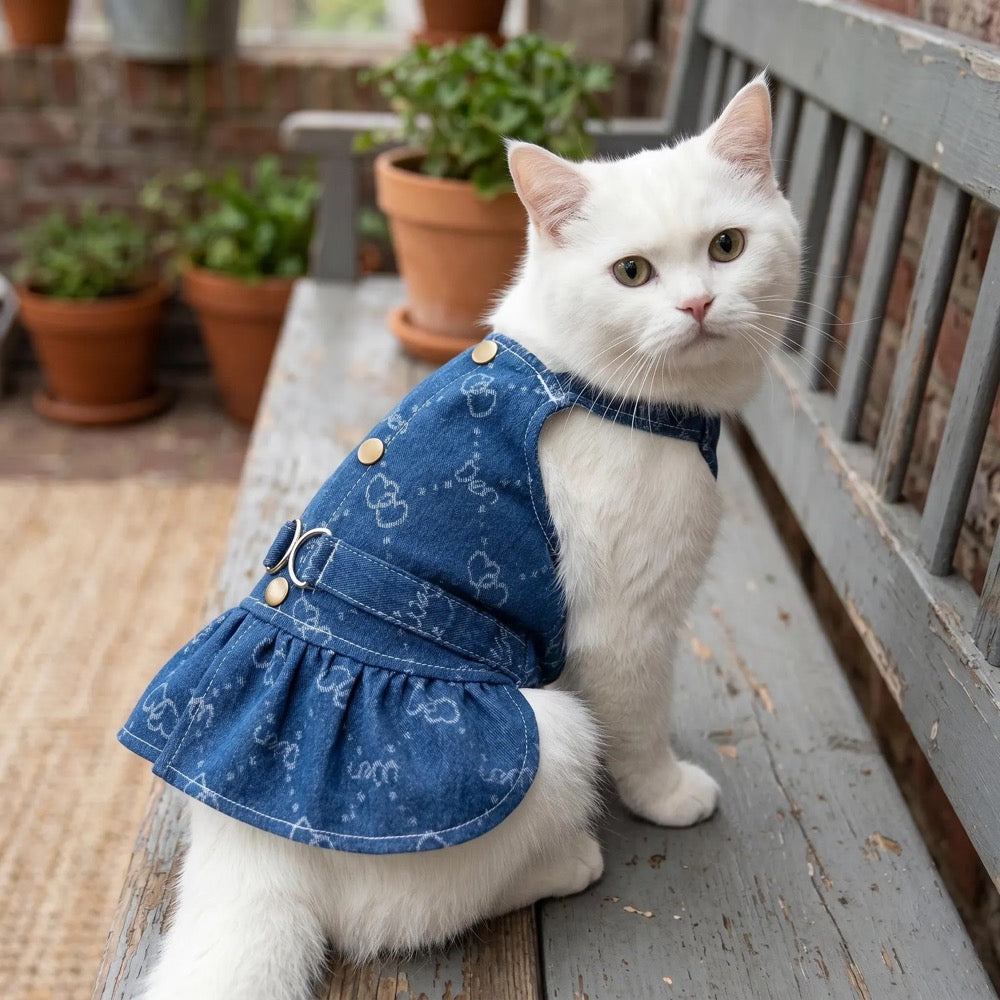 Denim Pet Dress Ruffle Hem Button Outfit, Cute Cat & Dog Dress Navy Blue, Stylish Pet Clothing for Small Pets