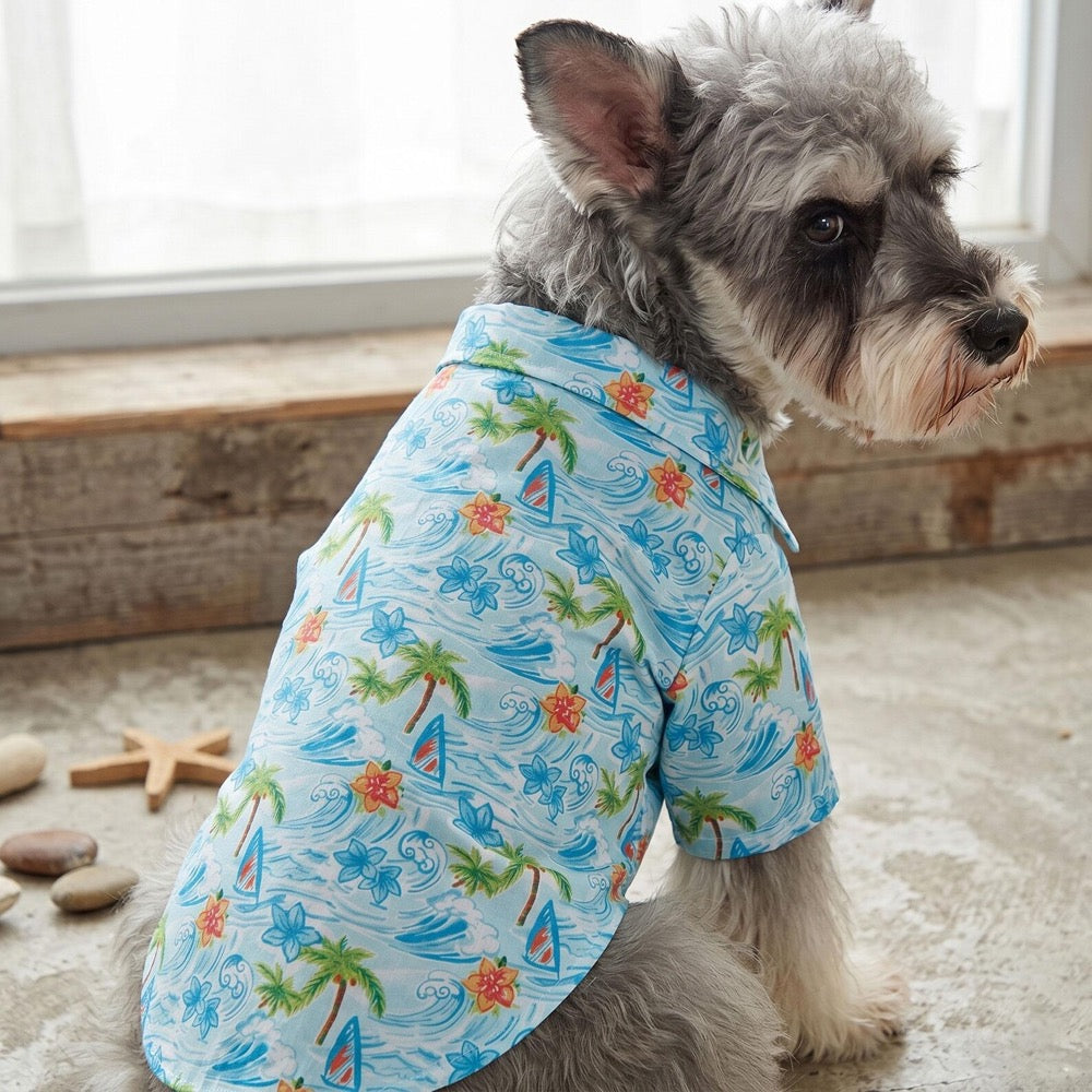 Tropical Beach Dog Shirt, Blue Summer Pet Outfit, Palm Tree Hawaiian Shirt, Cute Cat Dog Clothes Vacation Style Pet Apparel