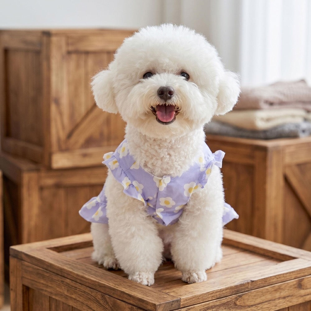 Purple Floral Dog Dress for Small Pets, Cute Ruffle Pet Dress Summer Outfit, Floral Print Pet Dress With Ruffle Sleeves And Button Front