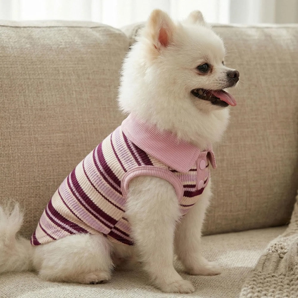 Striped Pet Polo Shirt, Rib Knit Casual Pet Clothes, Pet Cat/Dog Universal Pink Elastic Striped Casual Comfortable Pet Polo Shirt