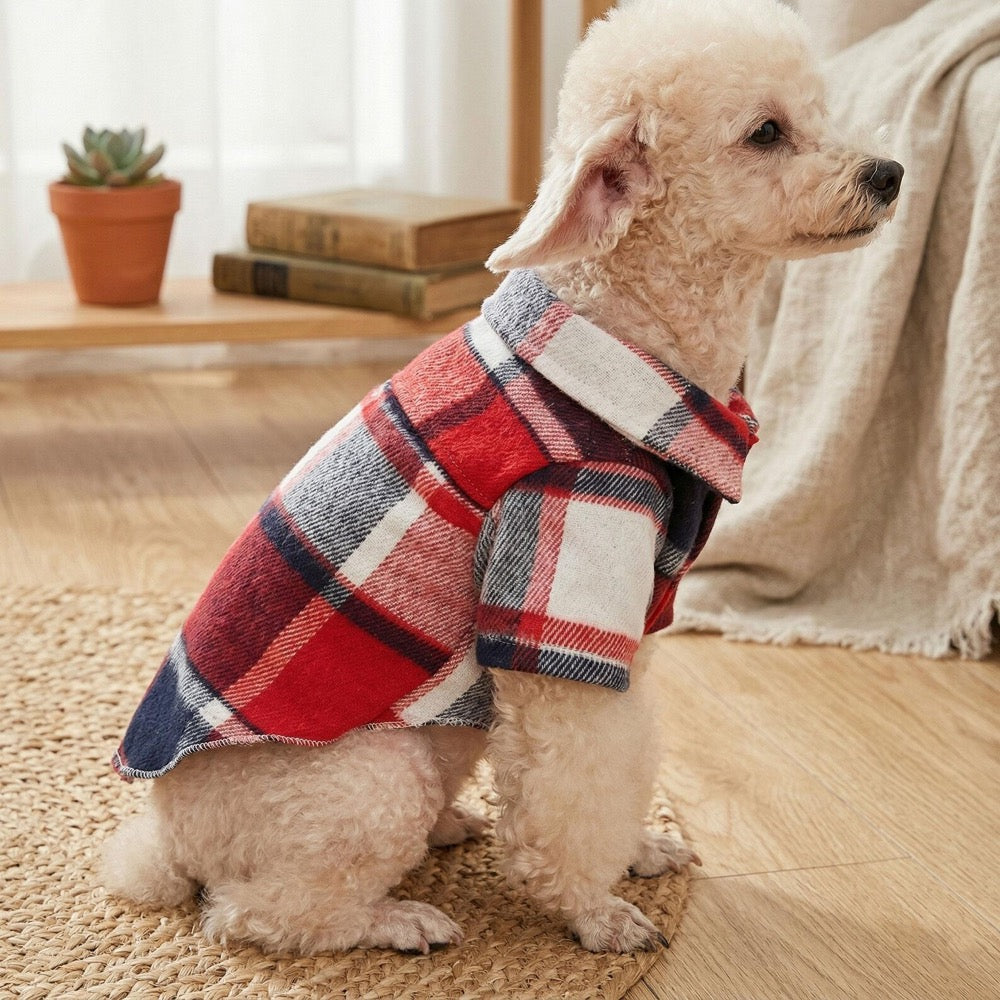 Plaid Pet Shirt, Red Check Dog And Cat Outfit, Casual Button Shirt for All Seasons, Checkered Mixed Color Pet Shirt