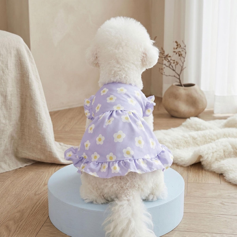 Purple Floral Dog Dress for Small Pets, Cute Ruffle Pet Dress Summer Outfit, Floral Print Pet Dress With Ruffle Sleeves And Button Front