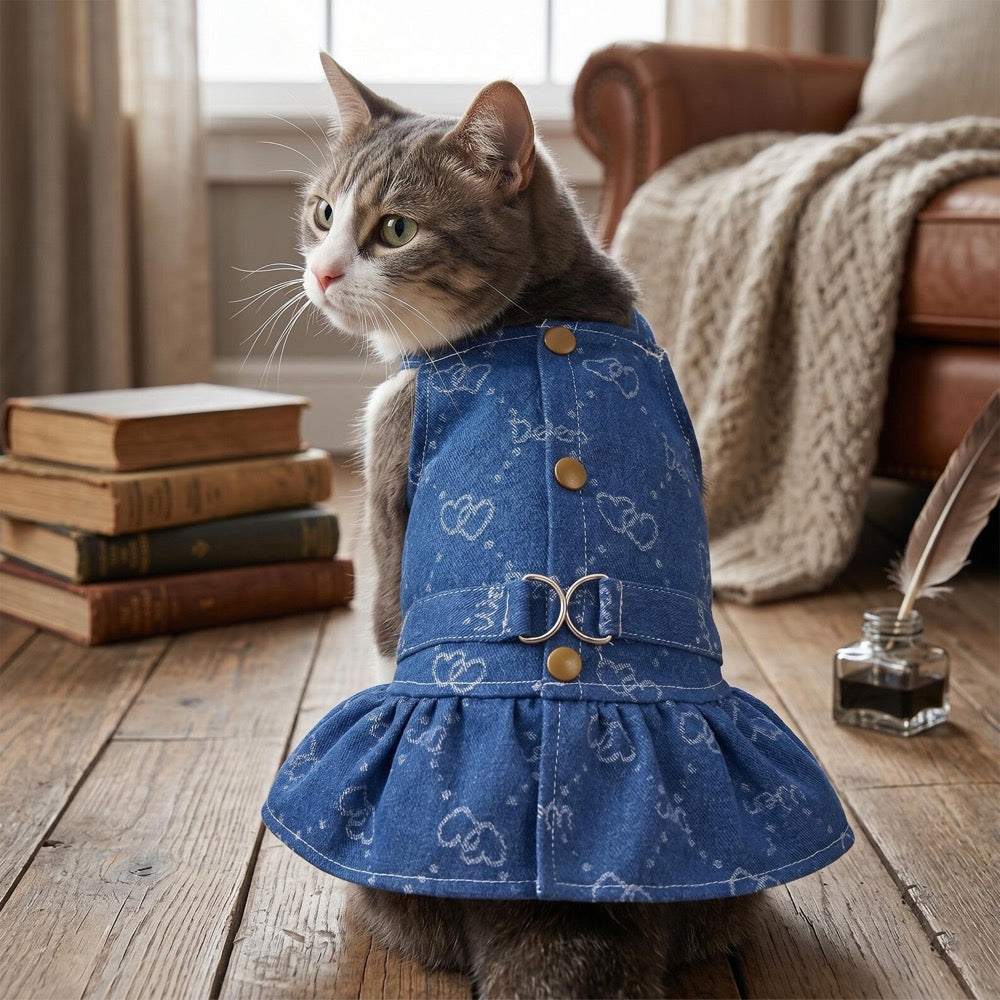 Denim Pet Dress Ruffle Hem Button Outfit, Cute Cat & Dog Dress Navy Blue, Stylish Pet Clothing for Small Pets