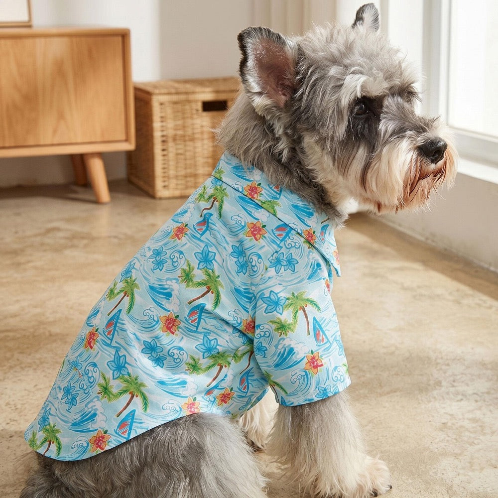 Tropical Beach Dog Shirt, Blue Summer Pet Outfit, Palm Tree Hawaiian Shirt, Cute Cat Dog Clothes Vacation Style Pet Apparel