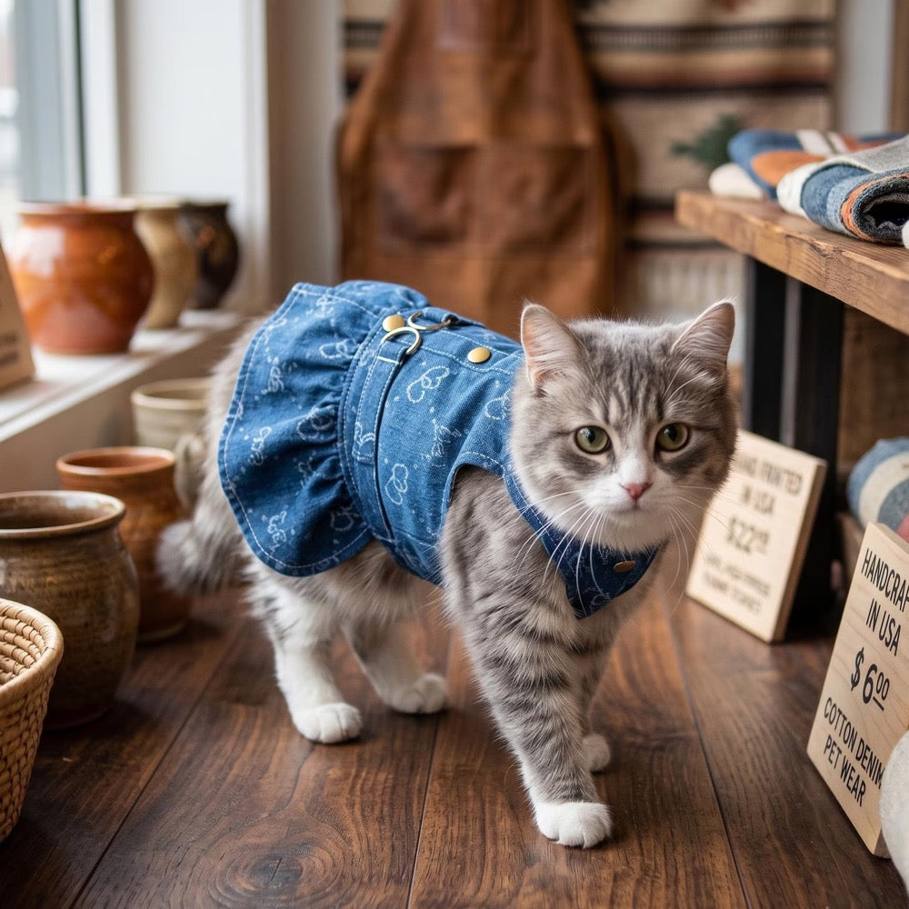 Denim Pet Dress Ruffle Hem Button Outfit, Cute Cat & Dog Dress Navy Blue, Stylish Pet Clothing for Small Pets