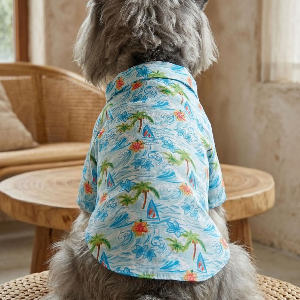 Tropical Beach Dog Shirt, Blue Summer Pet Outfit, Palm Tree Hawaiian Shirt, Cute Cat Dog Clothes Vacation Style Pet Apparel