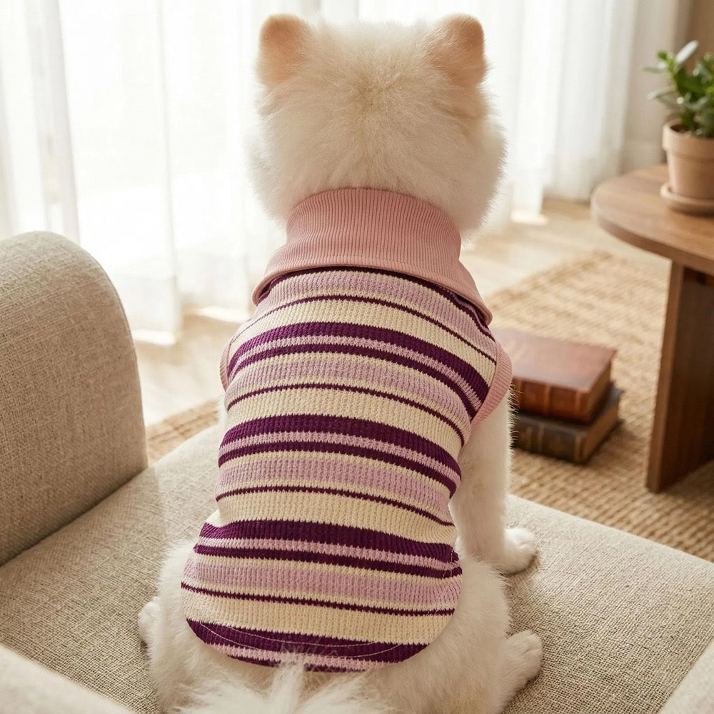 Striped Pet Polo Shirt, Rib Knit Casual Pet Clothes, Pet Cat/Dog Universal Pink Elastic Striped Casual Comfortable Pet Polo Shirt