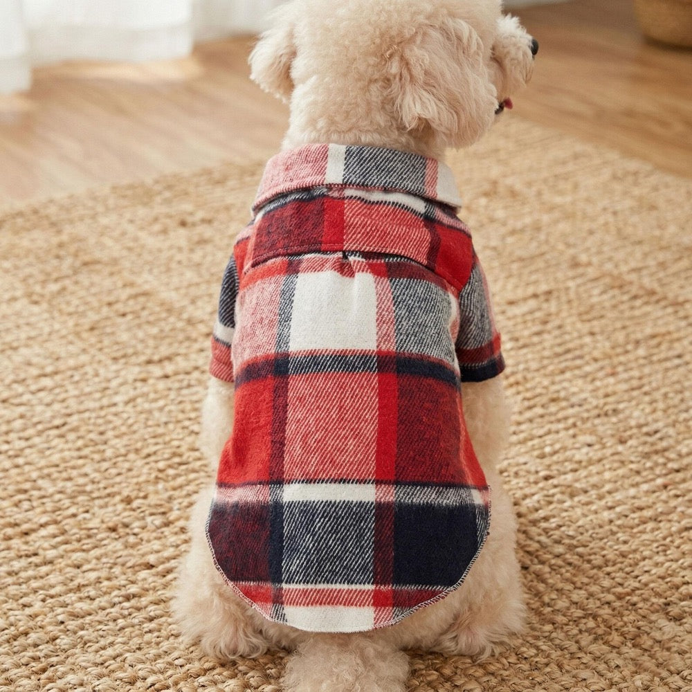 Plaid Pet Shirt, Red Check Dog And Cat Outfit, Casual Button Shirt for All Seasons, Checkered Mixed Color Pet Shirt