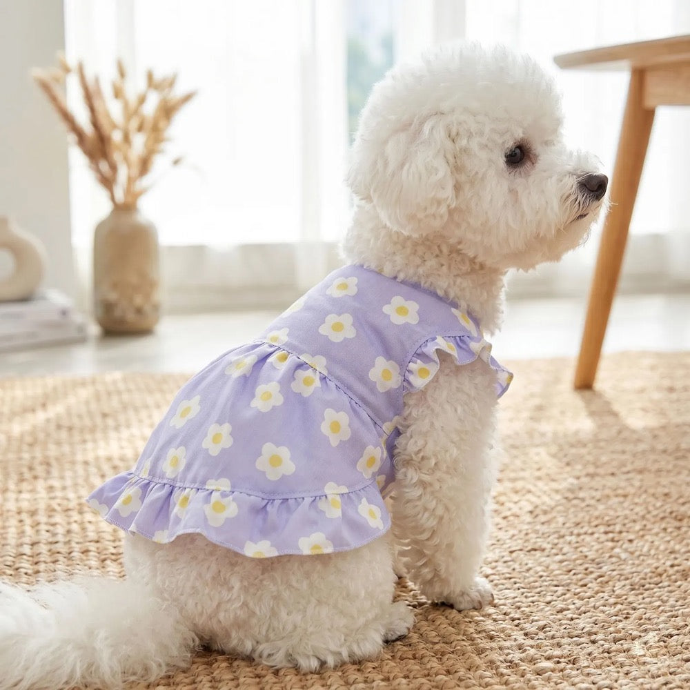 Purple Floral Dog Dress for Small Pets, Cute Ruffle Pet Dress Summer Outfit, Floral Print Pet Dress With Ruffle Sleeves And Button Front